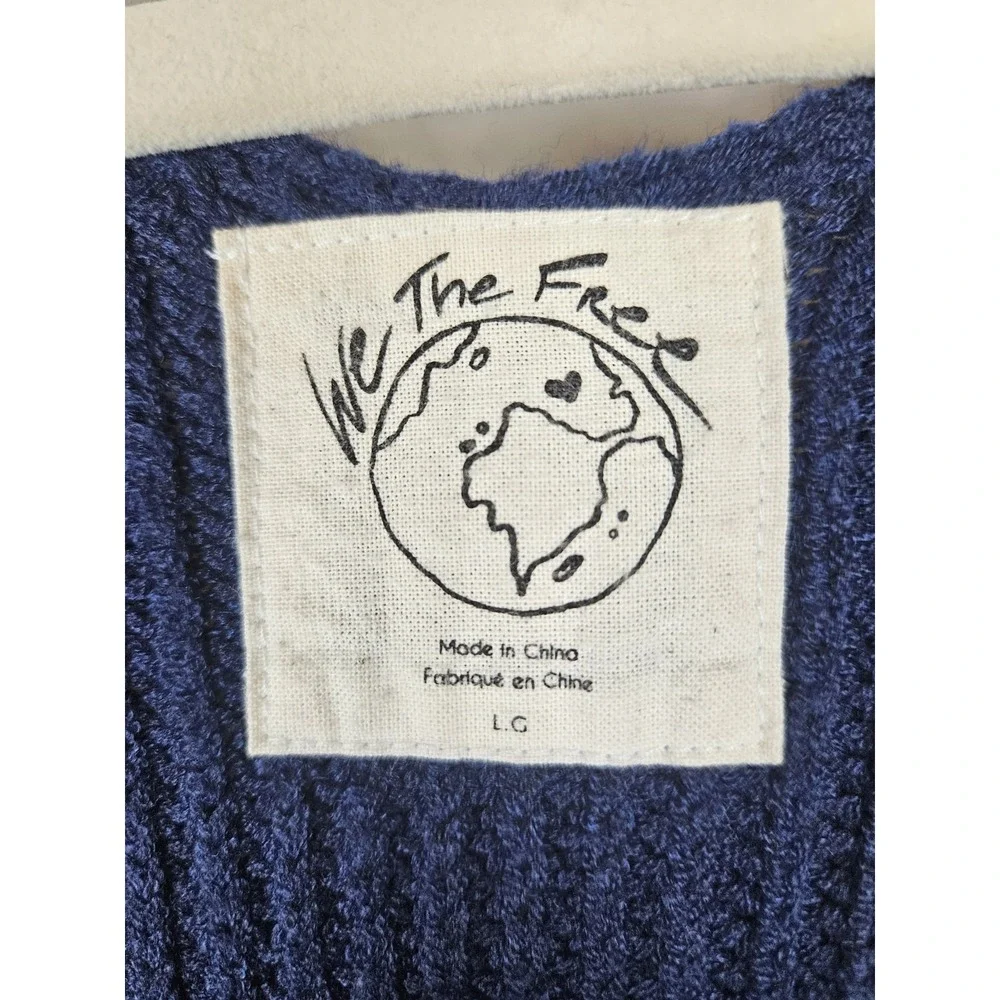 We the Free Sea Bright Sweater Pullover L Cropped Blue Balloon Sleeves Chunky